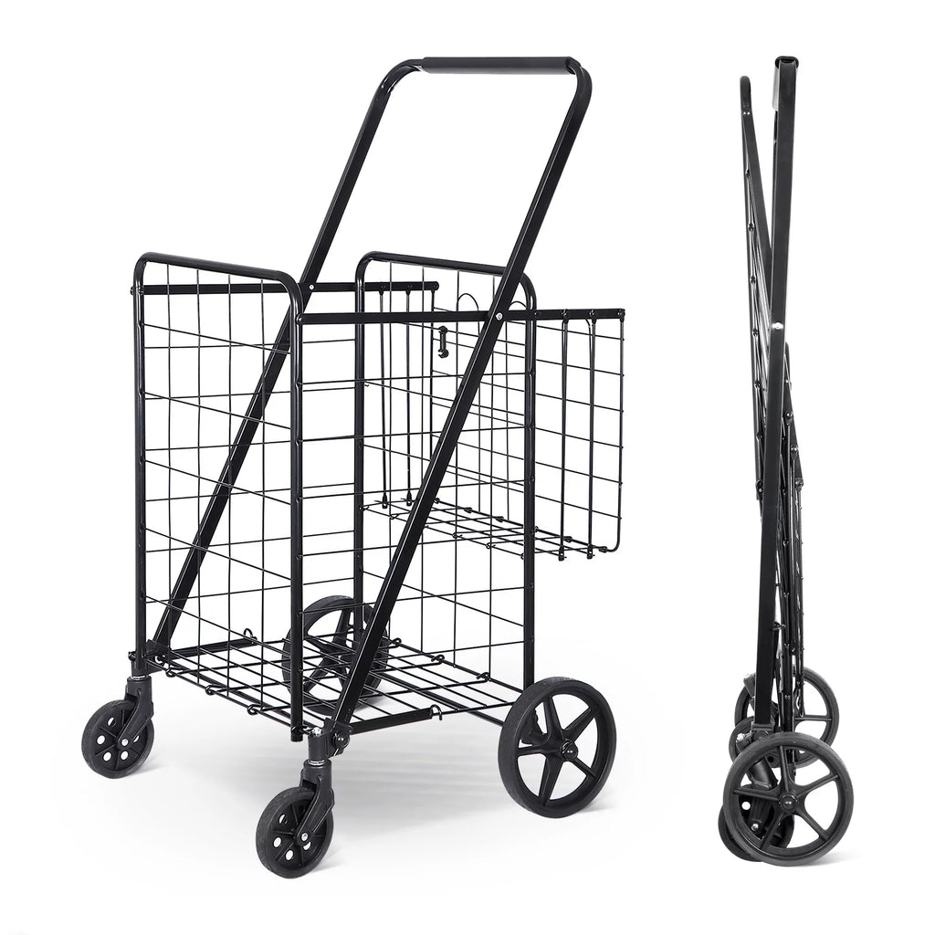 Black Folding Utility Shopping Cart with Double Basket and Wheels W35771