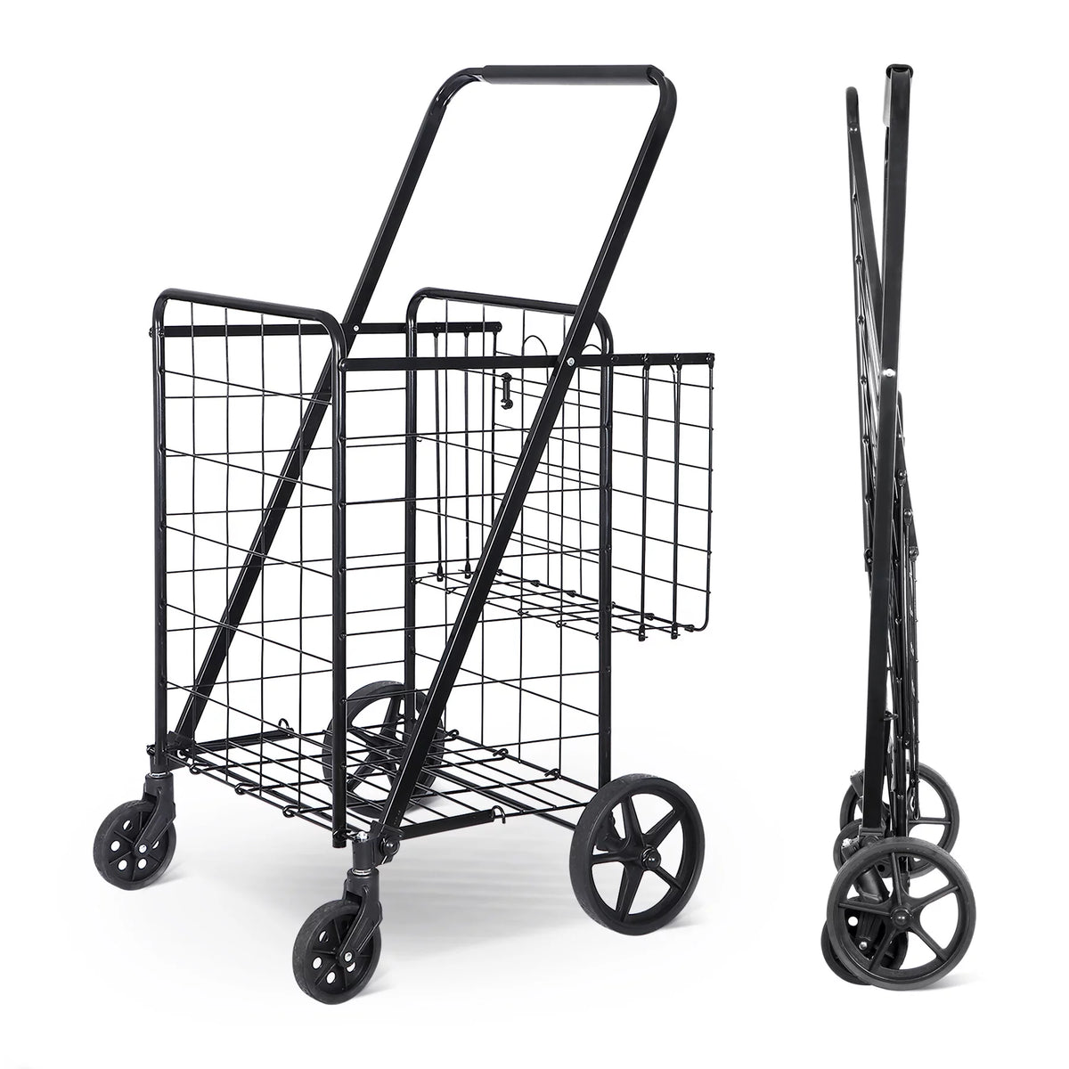 Black Folding Utility Shopping Cart with Double Basket and Wheels W35771