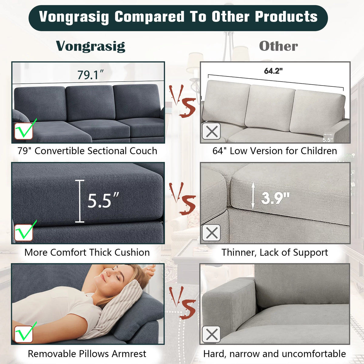 79 Convertible Sectional Sofa Linen Fabric L Shaped Sofa with Removable Pillows Dark Gray R5216