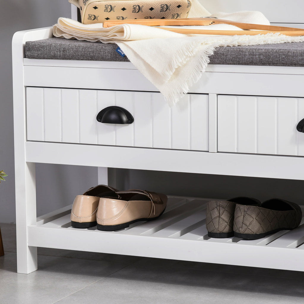 White Coat Rack and Bench with 4 Hooks, 2 Drawers H741