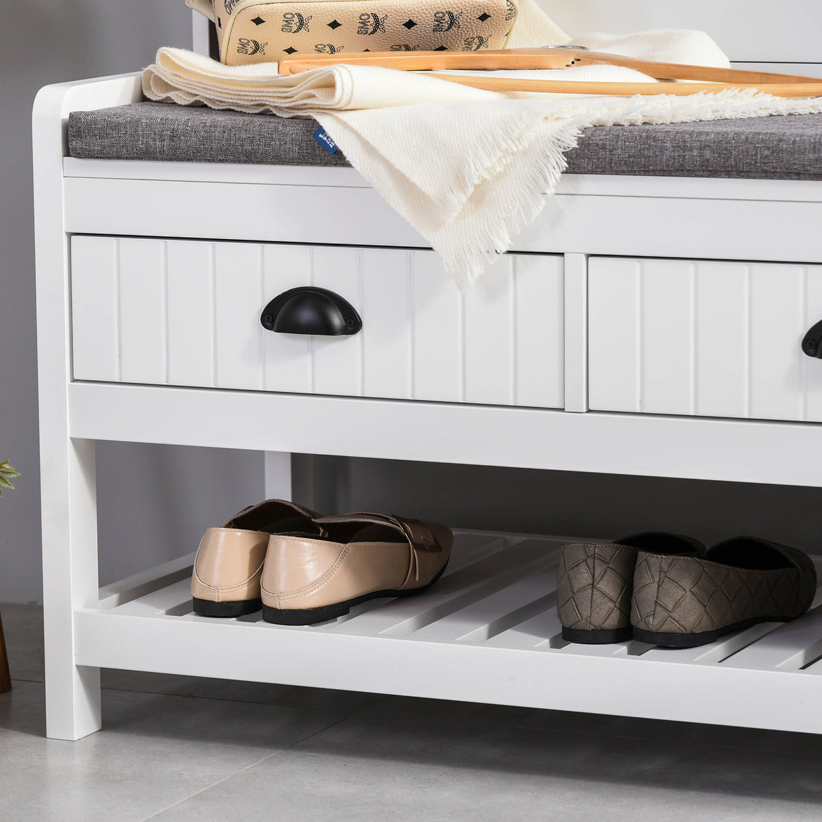 White Coat Rack and Bench with 4 Hooks, 2 Drawers H741