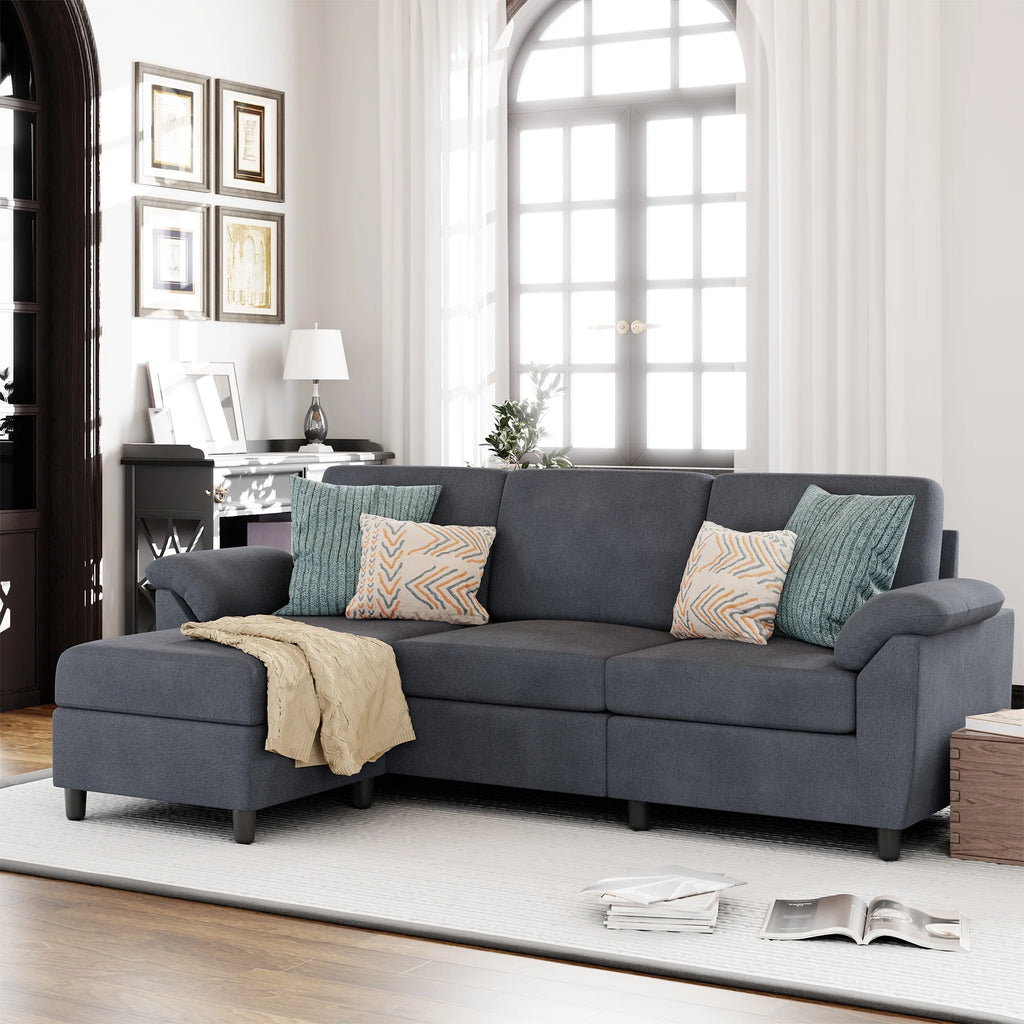 79 Convertible Sectional Sofa Linen Fabric L Shaped Sofa with Removable Pillows Dark Gray R5216
