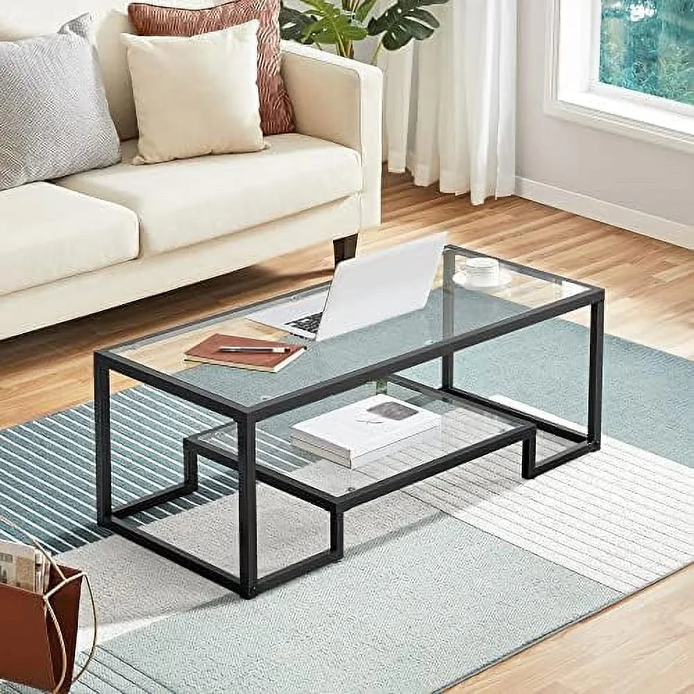 Rectangular Tempered Glass Coffee Table with 2 Tier Metal Frame O300
