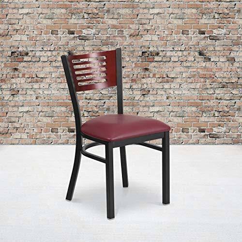 Black Slat Back Metal Restaurant Chair with Mahogany Wood Back and Burgundy Vinyl Seat F659401