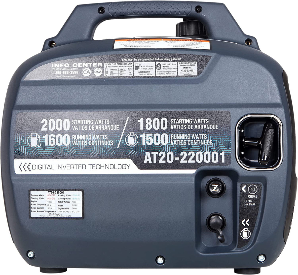 2000 Watt Portable Inverter Generator Dual Fuel V1178