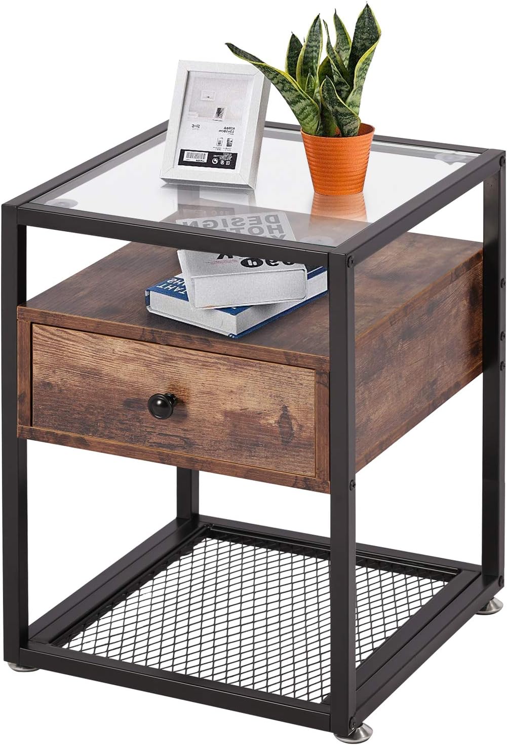 Brown+Black Tempered Glass Nightstand with Drawer and Shelf P432