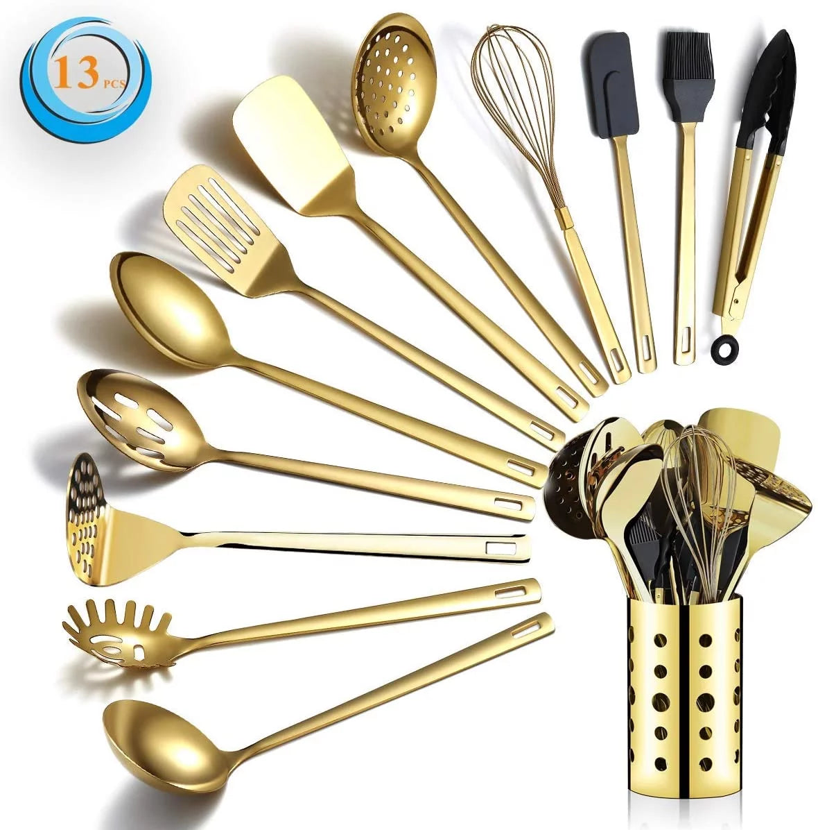 13 Pieces Gold Stainless Steel Cooking Utensils Set with Utensil Holder F500107