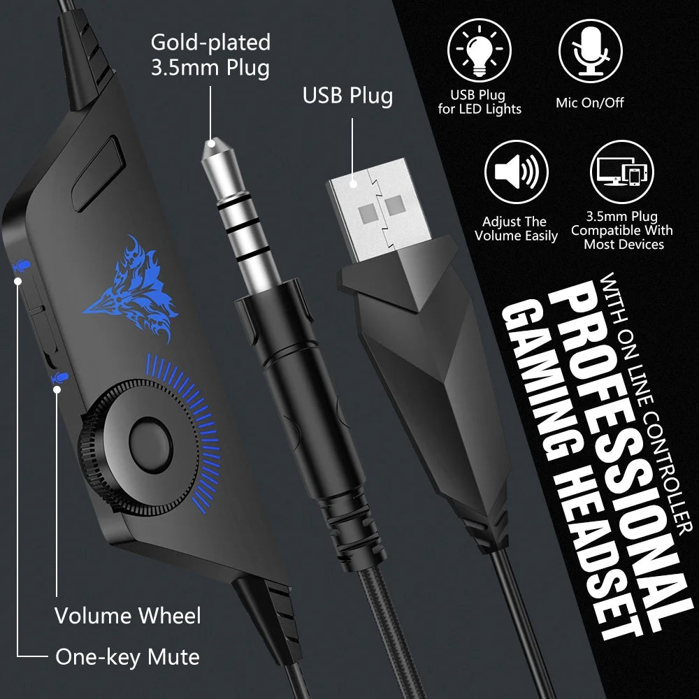 Gaming Headset with Noise Cancelling Mic, LED Light, Over Ear Headphone Q4223