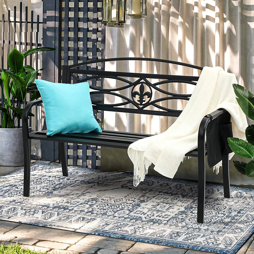 50" Black Metal Patio Bench with Backrest and Armrest S51658