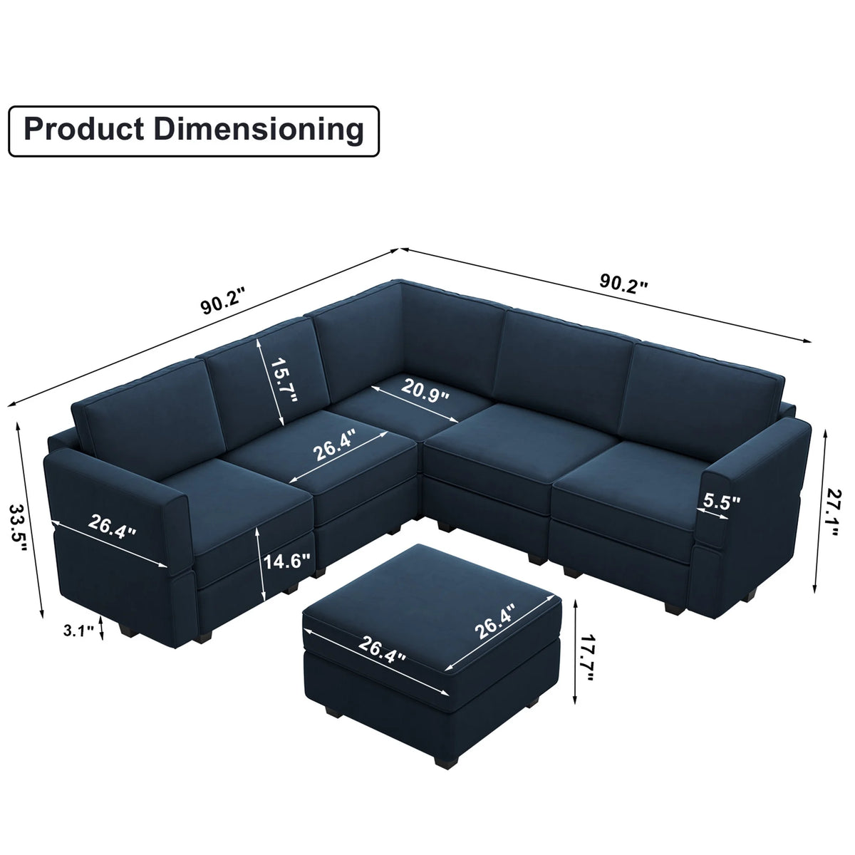 Blue Velvet L Shaped Sectional Sofa with Storage D755