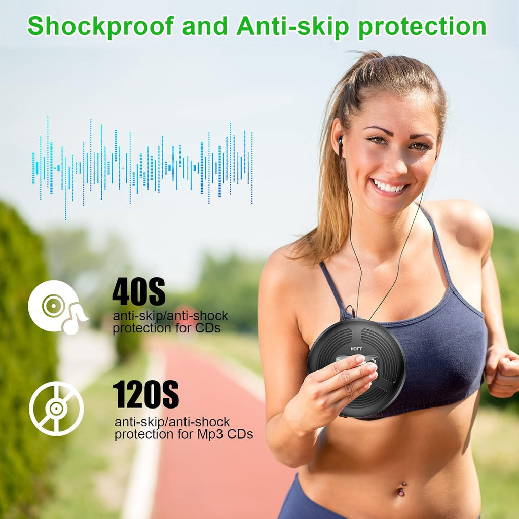 Portable CD Player with Bluetooth FM Transmitter AUX Output Rechargeable 1800mah Touch Button Anti-Skip Shockproof Protection V8889
