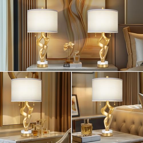 Set of 2 Table Lamp with Marble Base & USB Ports O451090