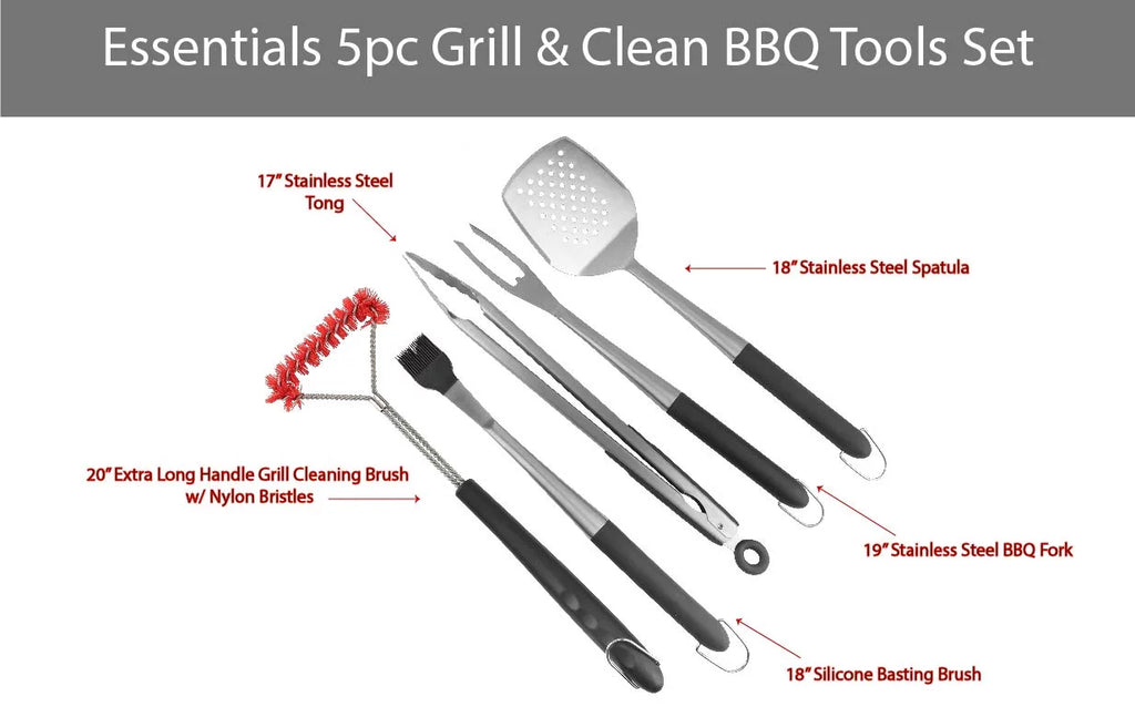 5pc BBQ Grill Tools Set with Spatula, Tong, Basting Brush, Fork and Grill Brush V770008