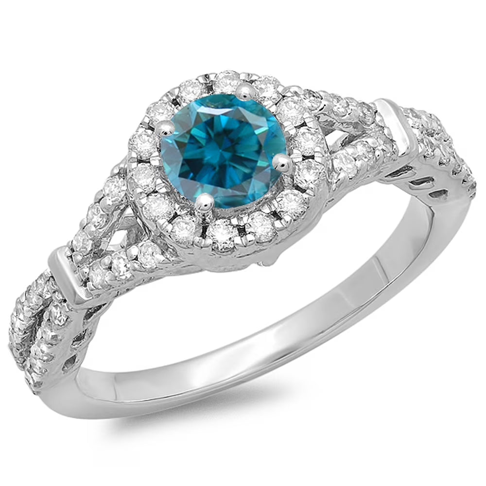 14K Gold Round Blue & White Diamond Bridal Engagement Halo Ring R452