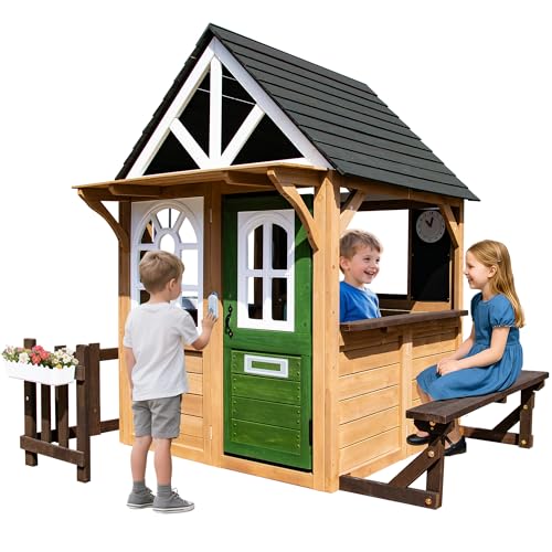 Cedar Gray Wooden Kids Playhouse with Play Kitchen B35598