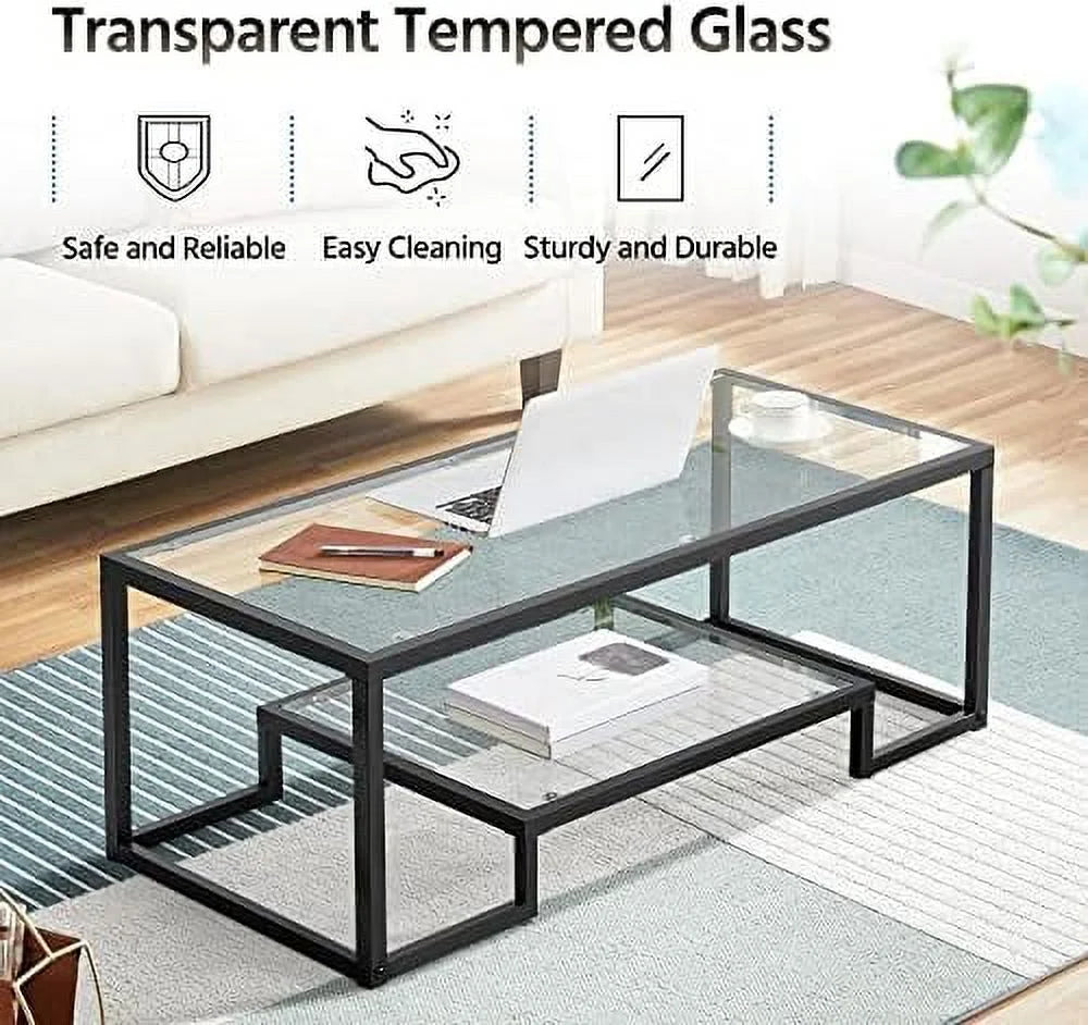 Rectangular Tempered Glass Coffee Table with 2 Tier Metal Frame O300