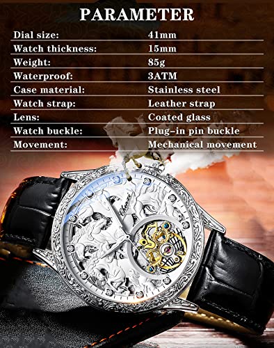 Gold Luxury Tourbillon Watch Tiger Carved Moon Phase Self-Winding Mechanical Automatic Retro Tattoo Skeleton Large Dial Leather Belt Wristwatch I260
