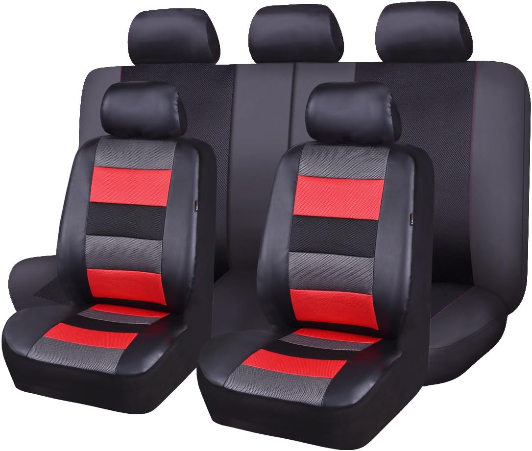 Black Leather and Red Fabric Car Seat Covers Full Set X61675
