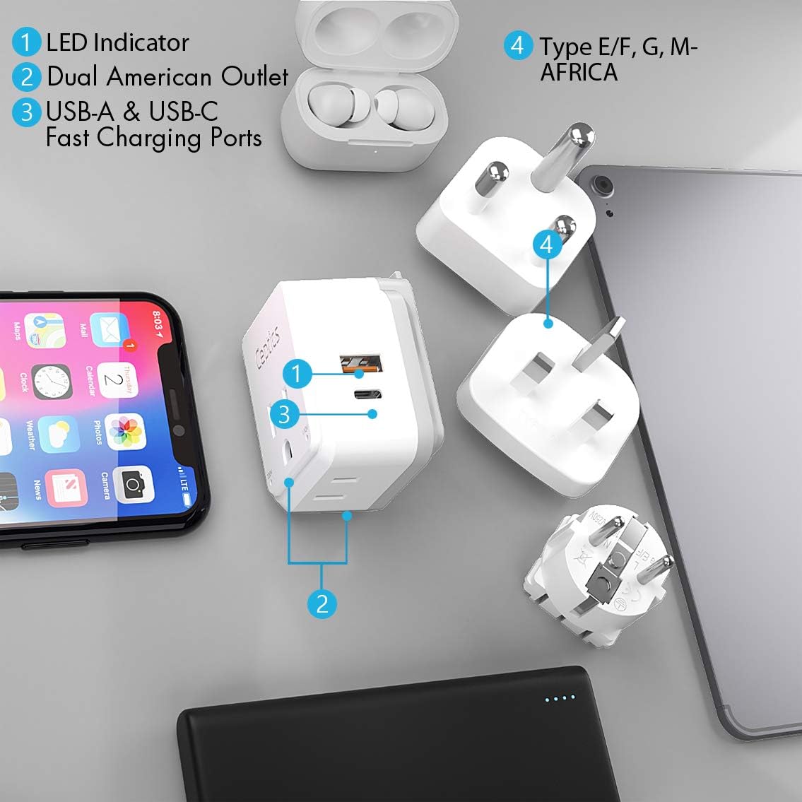 International Travel Plug Adapter Set with Dual USB & USB-C A26015