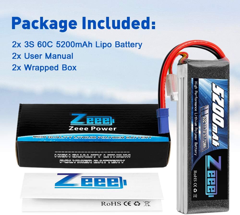 3S LiPo Battery 11.1V 60C 5200mAh EC5 Connector 2 Pack R34250