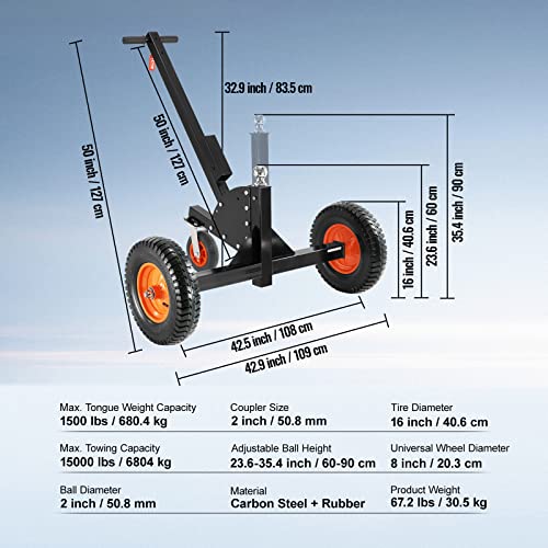 Adjustable Trailer Dolly with 1-7/8'' Hitch Ball & 10'' Solid Tires, 16''-24'' Adjustable Height, 600lbs Tongue Weight Capacity F3554