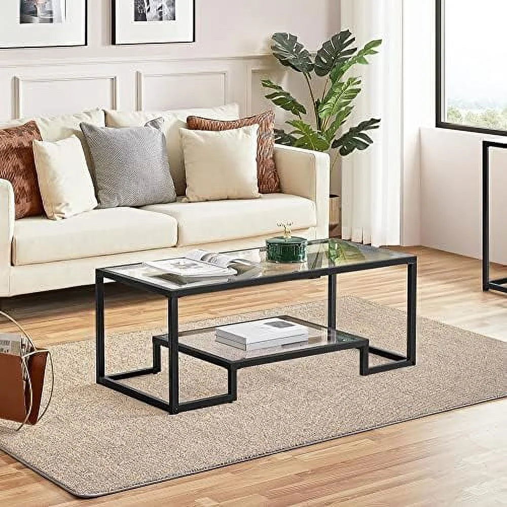 Rectangular Tempered Glass Coffee Table with 2 Tier Metal Frame O300