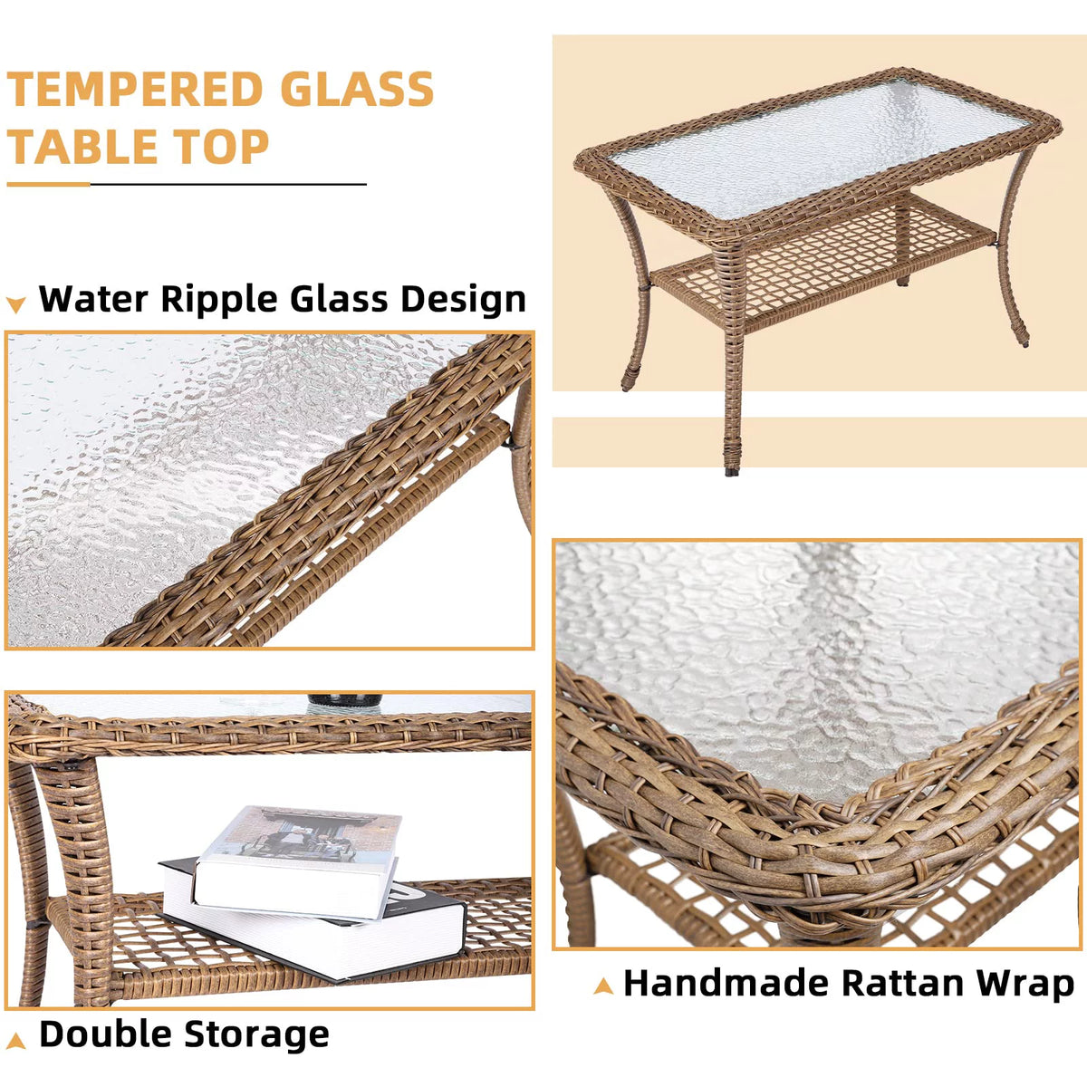5 Pieces All Weather Wicker Patio Conversation Sofa Set with Glass Coffee Table X68193