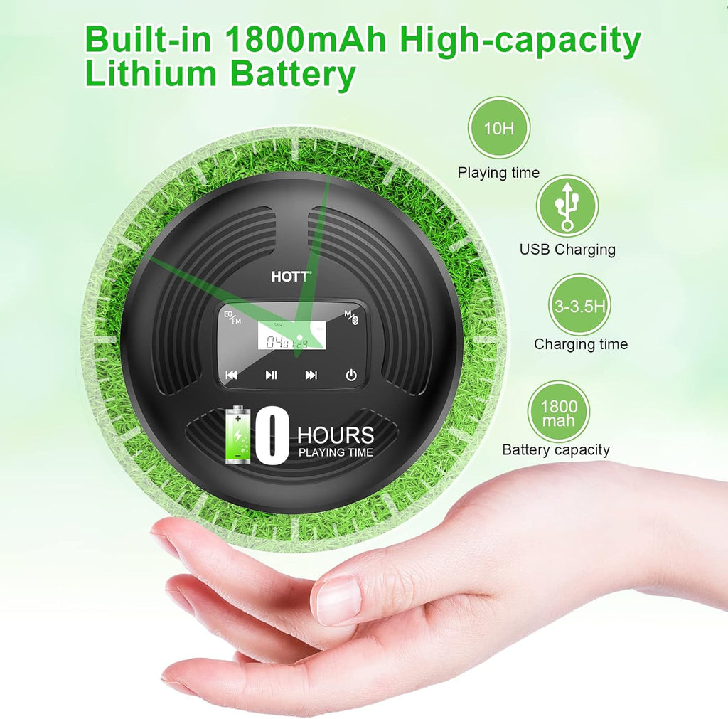 Portable CD Player with Bluetooth FM Transmitter AUX Output Rechargeable 1800mah Touch Button Anti-Skip Shockproof Protection V8889
