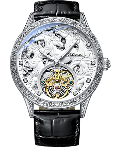 Gold Luxury Tourbillon Watch Tiger Carved Moon Phase Self-Winding Mechanical Automatic Retro Tattoo Skeleton Large Dial Leather Belt Wristwatch I260