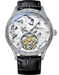 Gold Luxury Tourbillon Watch Tiger Carved Moon Phase Self-Winding Mechanical Automatic Retro Tattoo Skeleton Large Dial Leather Belt Wristwatch I260