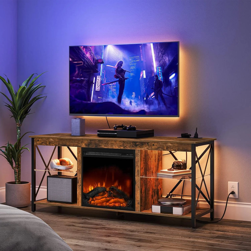 Rustic Brown Fireplace TV Stand with Led Lights and Power Outlets I13978