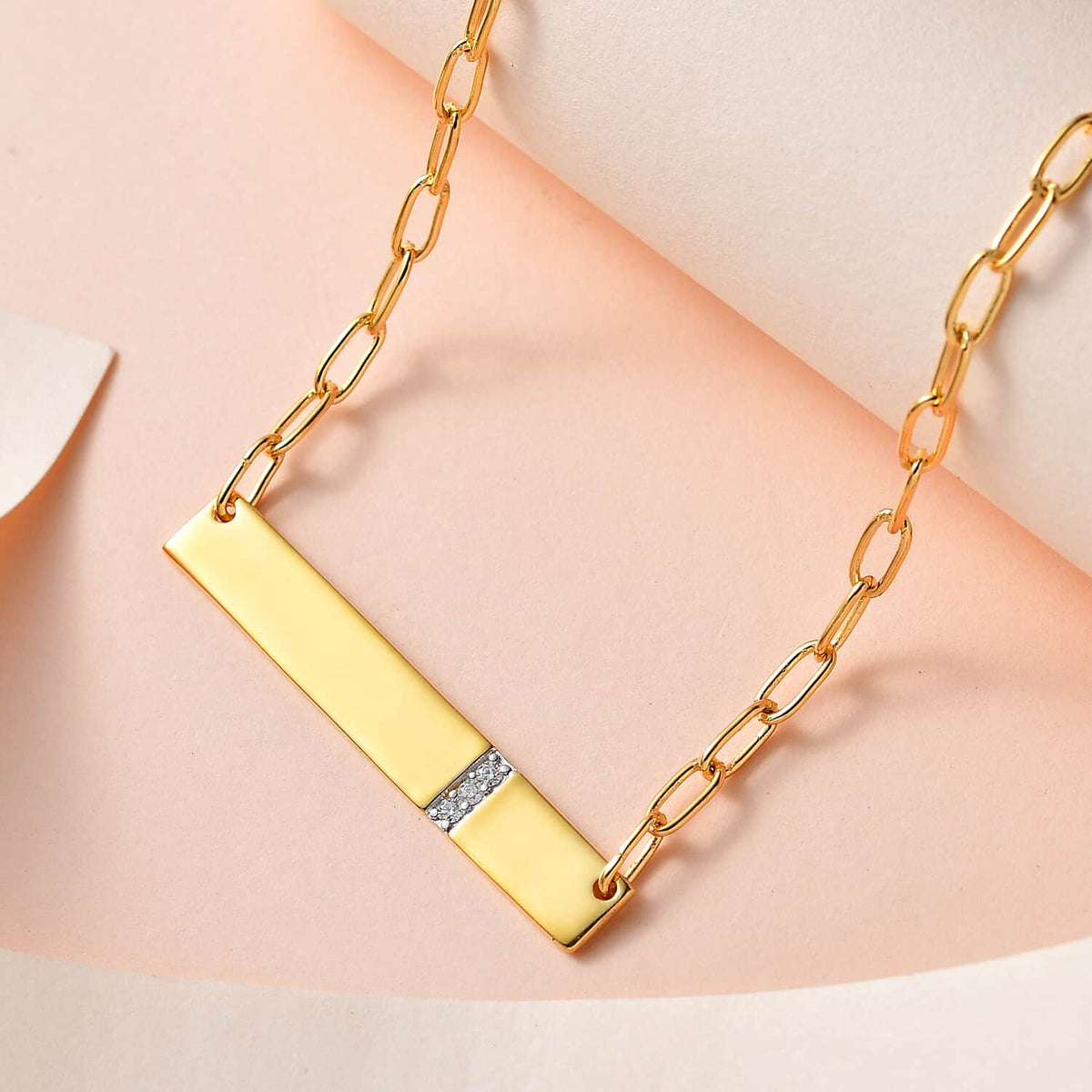 Moissanite Round 925 Sterling Silver Vermeil Yellow Gold Plated Initial Bar Necklace, Size 18", Ct 0.04 T5272