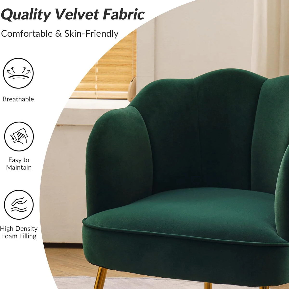Shell Shaped Velvet Upholstered Accent Chair with Metal Legs D3527