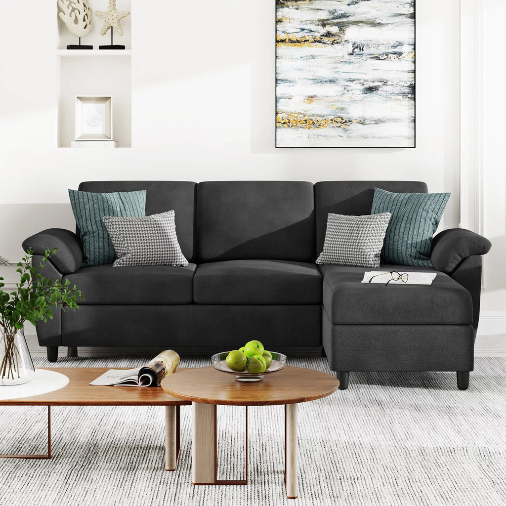 79 Convertible Sectional Sofa Linen Fabric L Shaped Sofa with Removable Pillows Dark Gray R5216