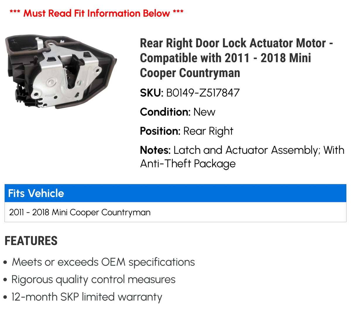 Rear Right Door Lock Actuator Motor S339