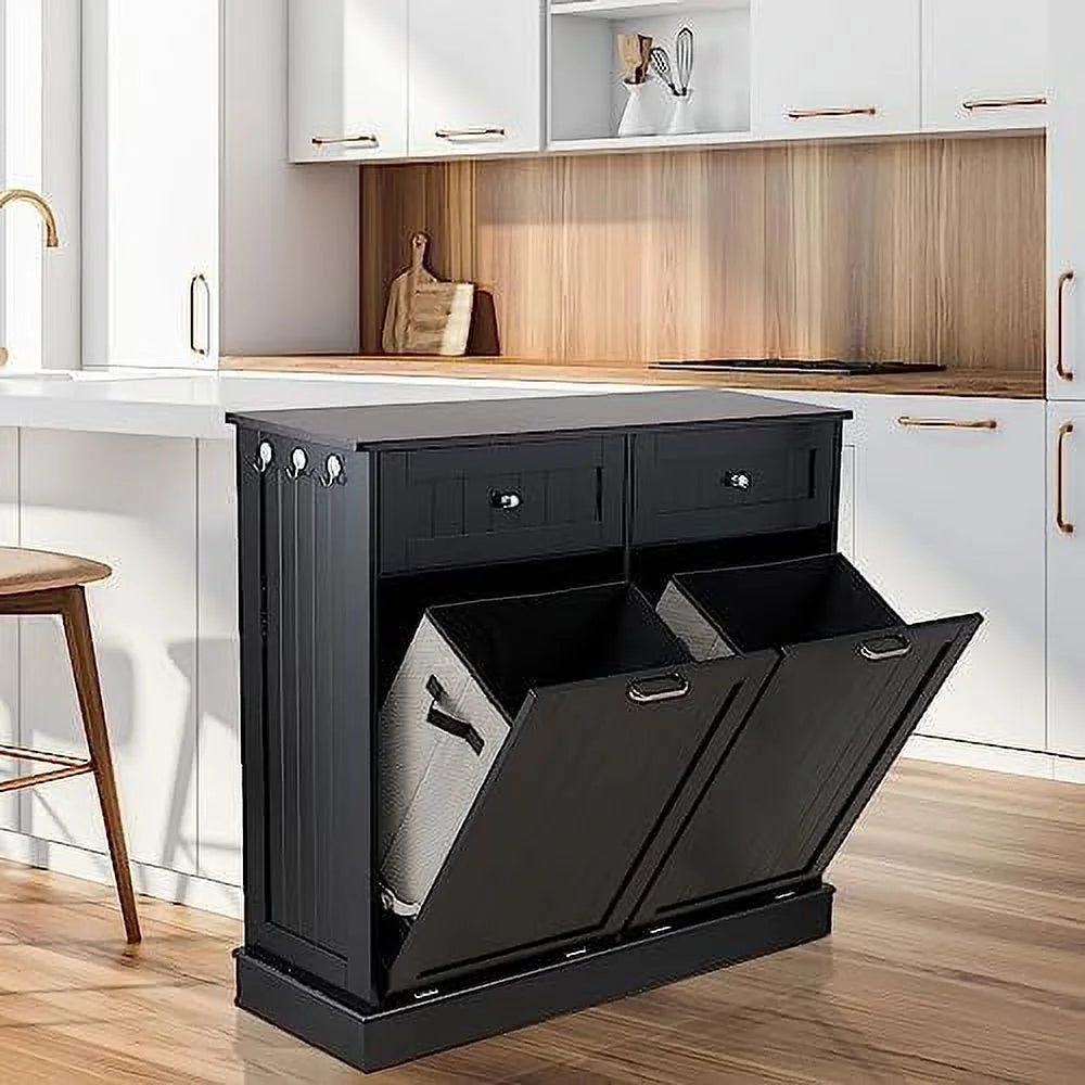 Double Tilt Out Trash Cabinet Laundry Hamper 20 Gallon Black E3550