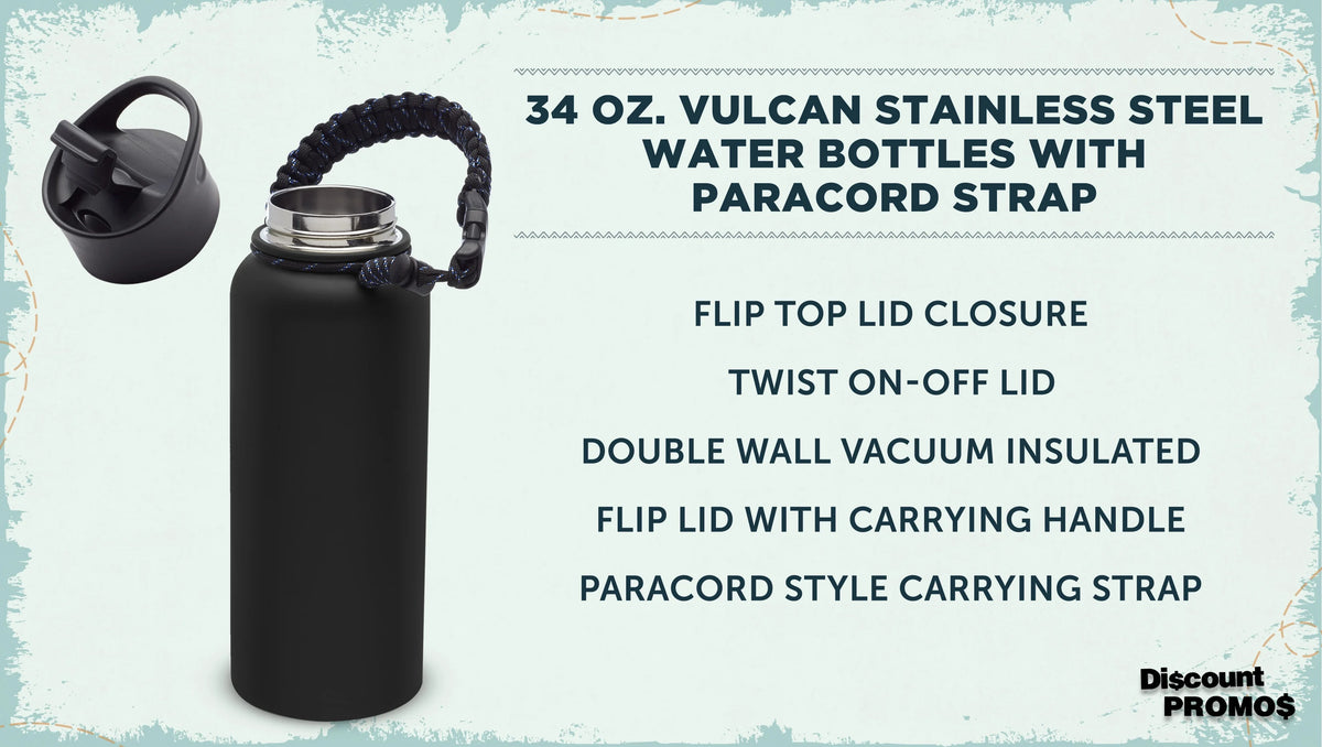6 Vulcan Stainless Steel Water Bottles with Strap Set, 34 oz. - Double Wall, Vacuum Insulated - Black M763