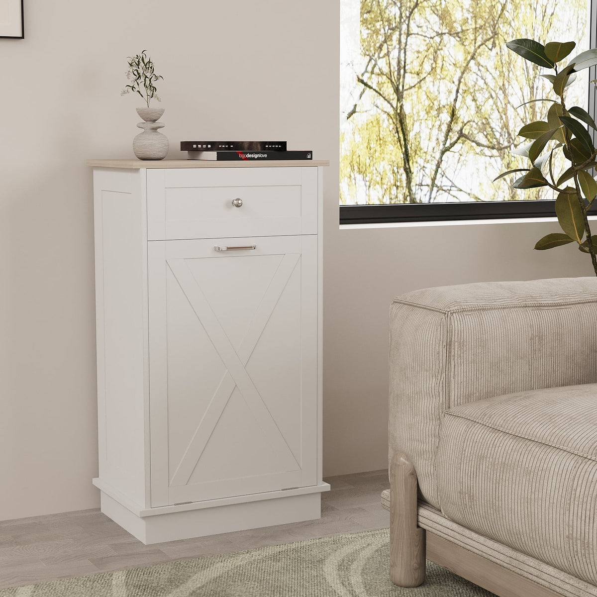 White Tilt Out Trash Can Cabinet N1767