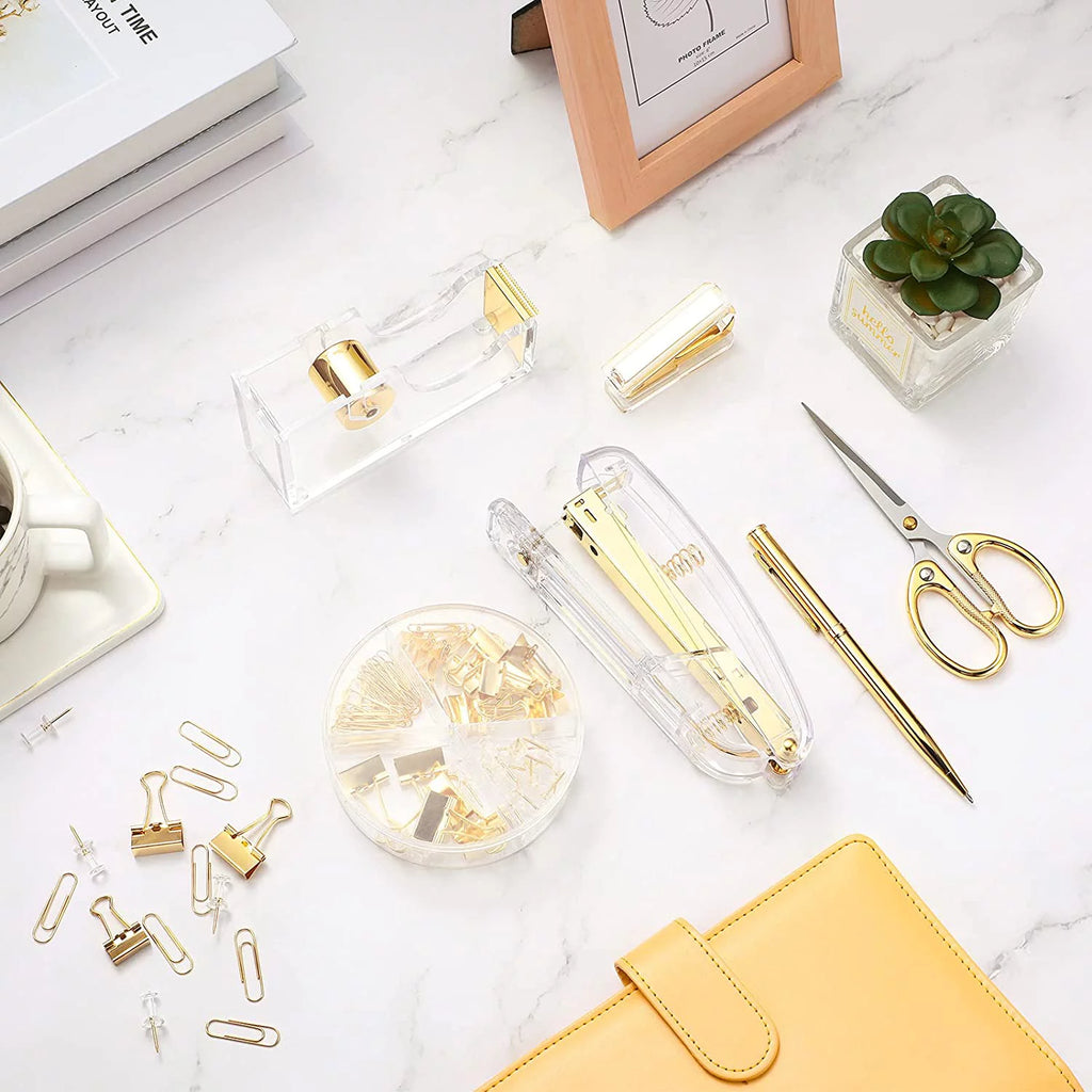 Acrylic Office Supplies Set with Stapler Tape Dispenser Binder Clips Paper Clips Pen Scissors and 1000 Staples I25371