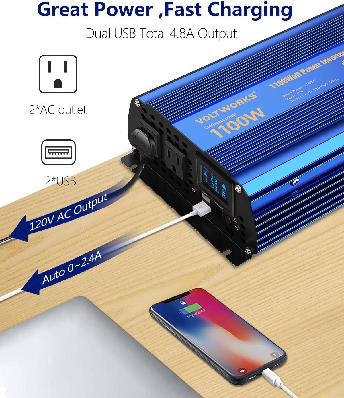 1100 watt DC 12V to AC 120V Modified Sine Wave Inverter with LCD Display Remote Control 2AC Outlets Dual 2.4A USB Ports X606986