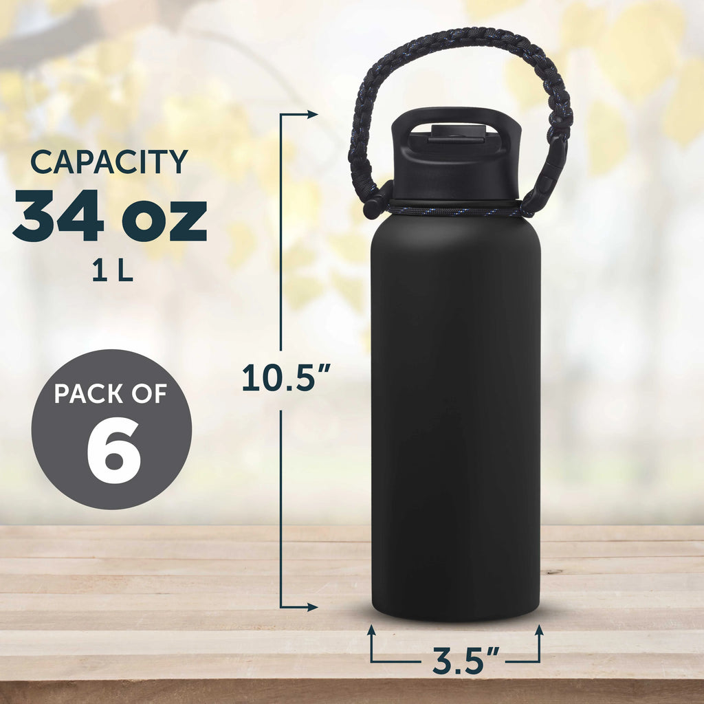 6 Vulcan Stainless Steel Water Bottles with Strap Set, 34 oz. - Double Wall, Vacuum Insulated - Black M763