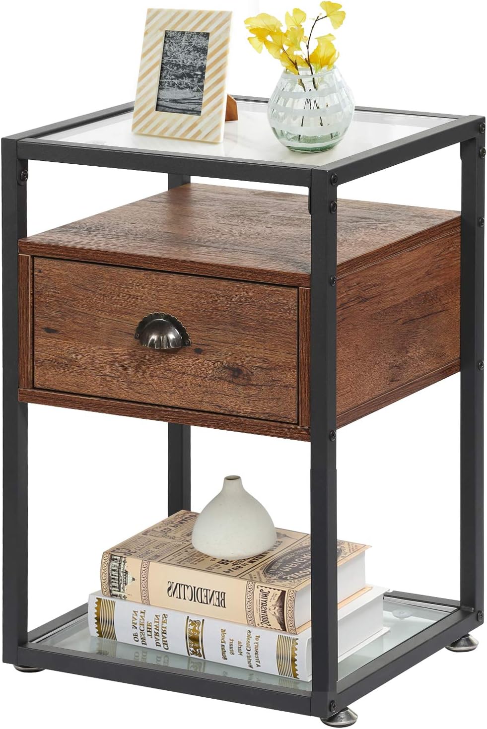 Brown+Black Tempered Glass Nightstand with Drawer and Shelf P432