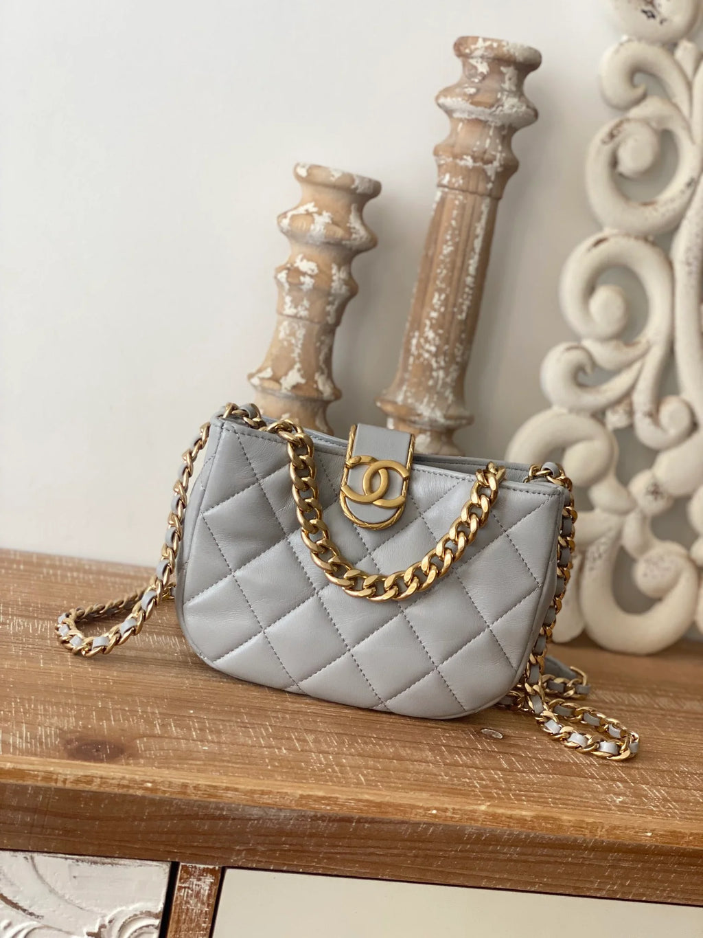 Small Hobo Bag Gold Hardware Grey Shoulder Bag Y71447
