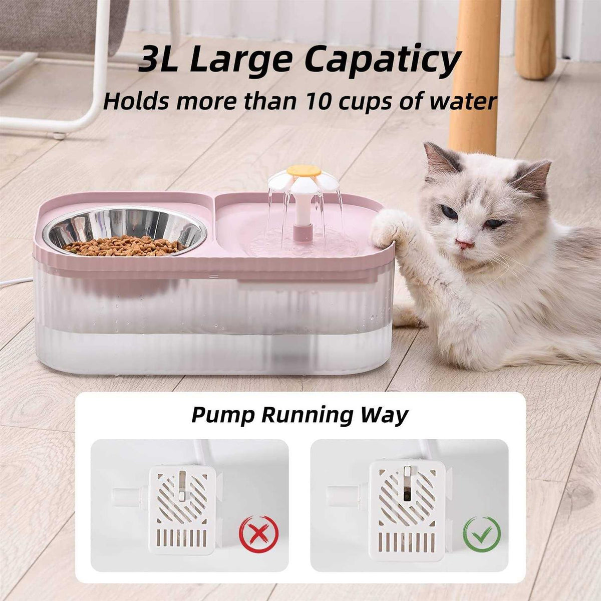 Cat Water Fountain and Food Bowl, 3L Ultra Quiet Pet Water Dispenser J244