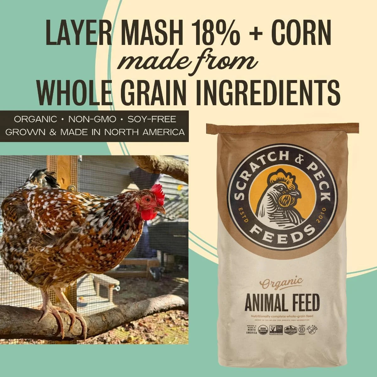 Organic Whole Grain Layer Feed + Corn 18% Protein Chicken and Duck Feed 40lb V899