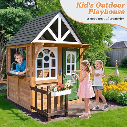 Cedar Gray Wooden Kids Playhouse with Play Kitchen B35598