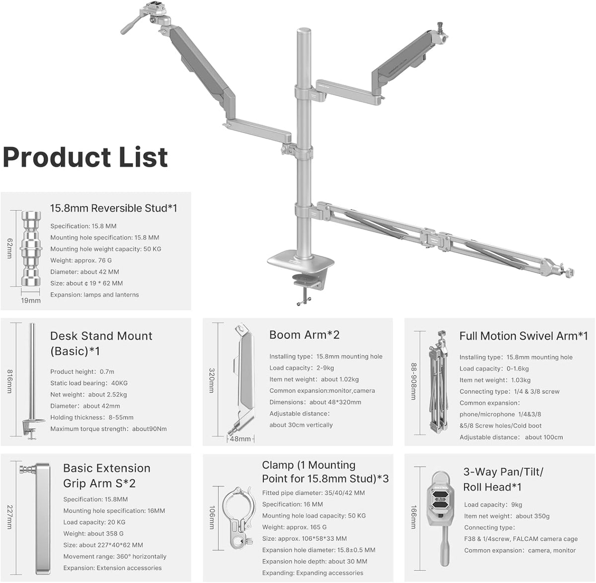 Aluminum Overhead Camera Desk Mount Stand with Boom Arm W513