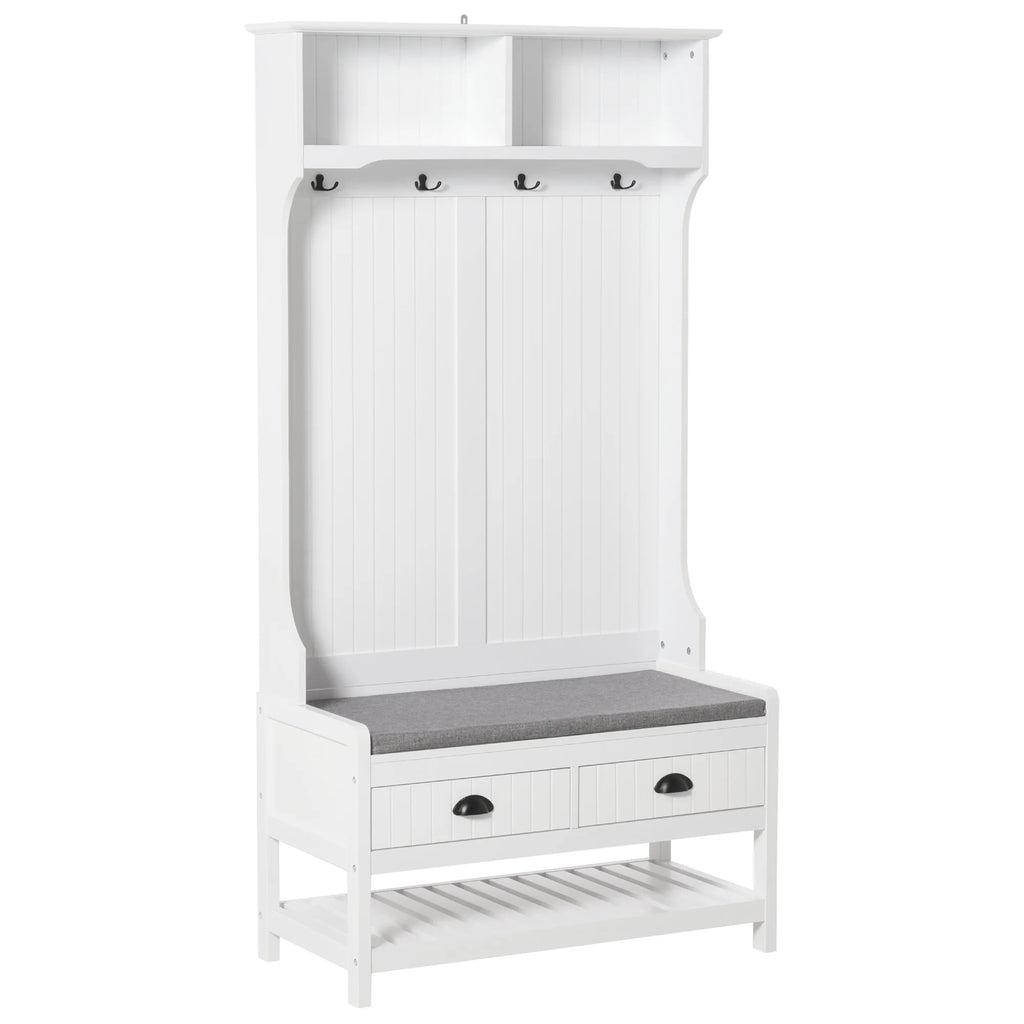 White Coat Rack and Bench with 4 Hooks, 2 Drawers H741