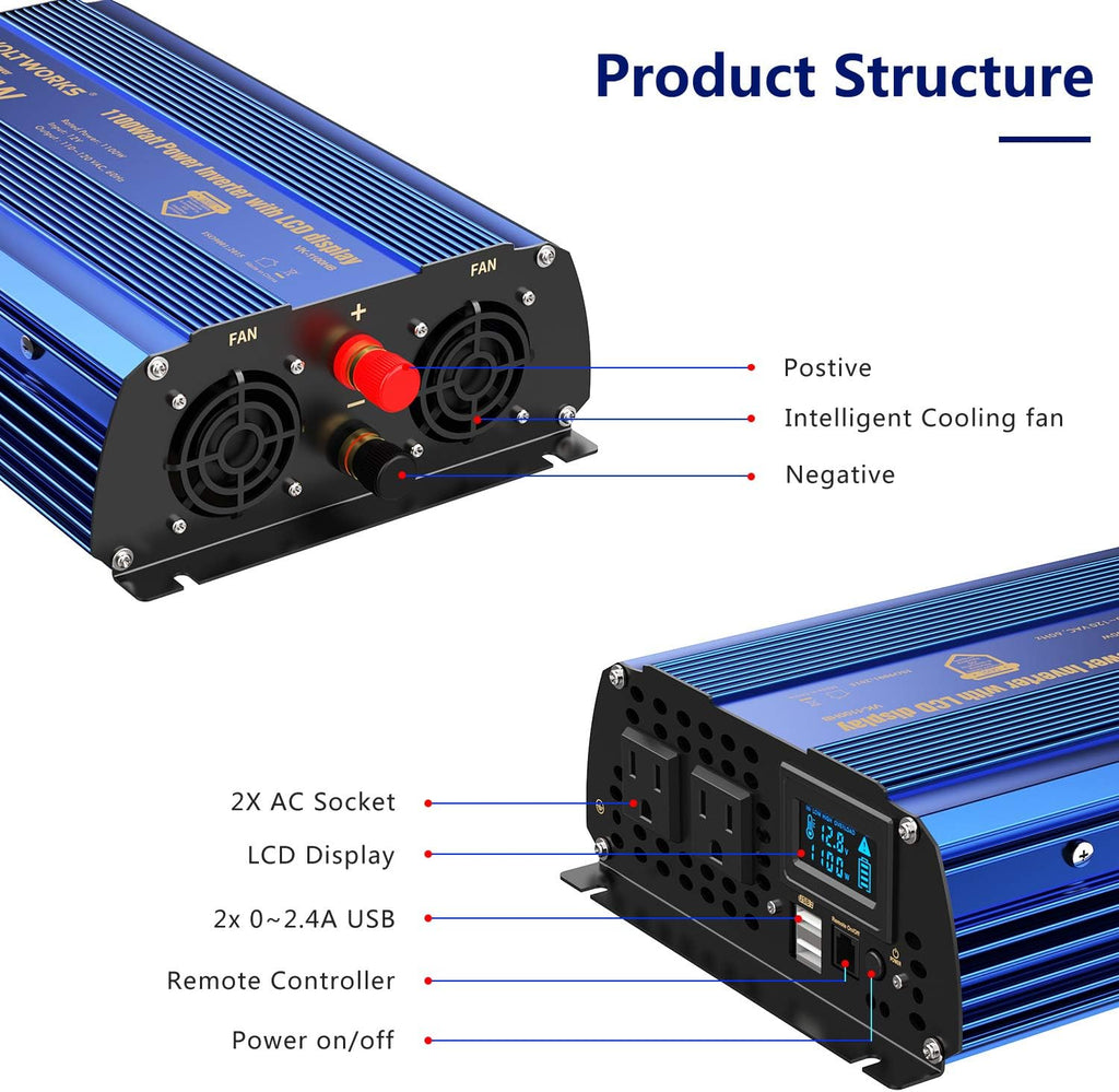 1100 watt DC 12V to AC 120V Modified Sine Wave Inverter with LCD Display Remote Control 2AC Outlets Dual 2.4A USB Ports X606986