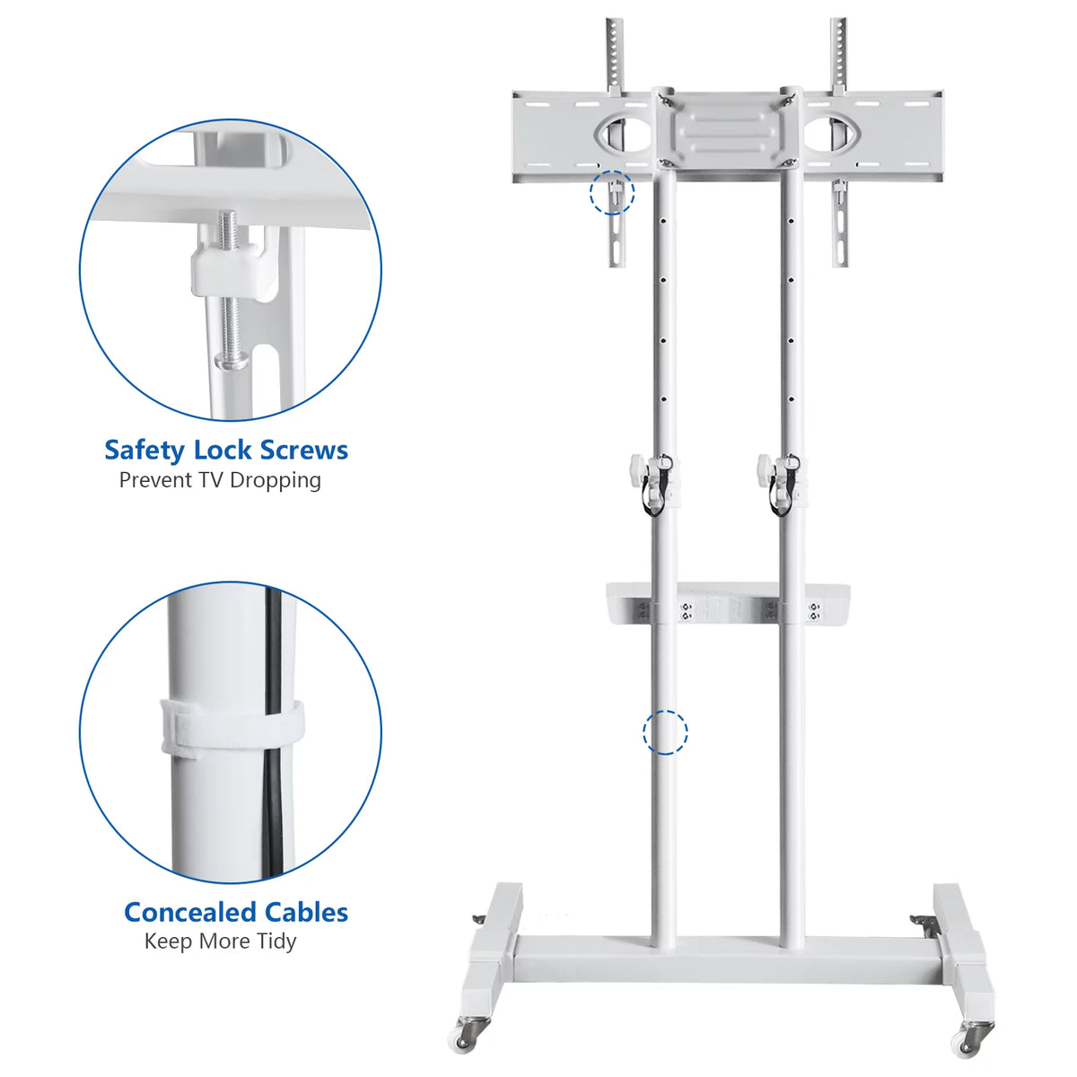 Tall TV Stand with Wheels for 32 to 85 Inch Flat Panel TVs, White Shelf E3305